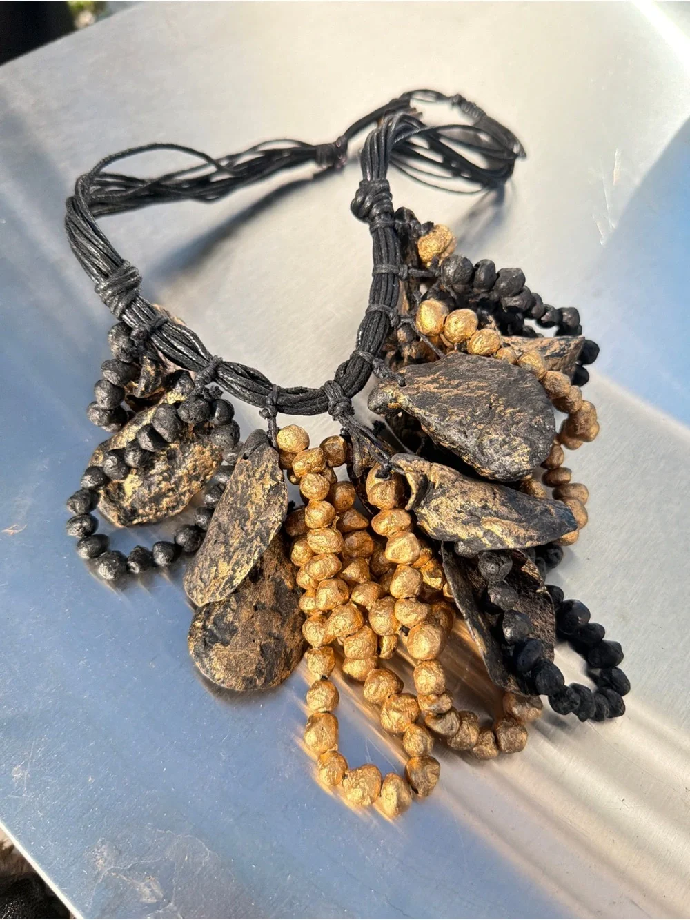 22” gold and black painted wood and cord wild statement necklace!